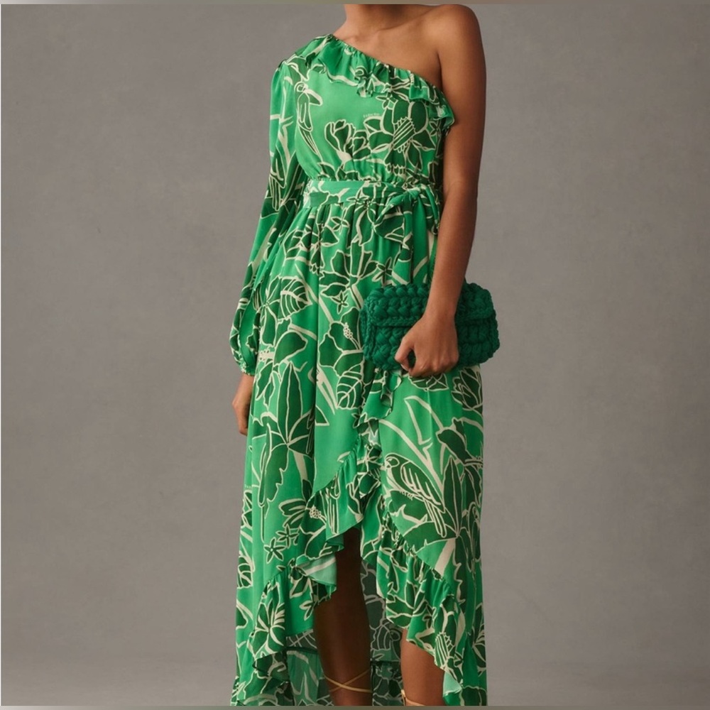 Anthropologie Green and White One-Shoulder Floral Maxi Dress